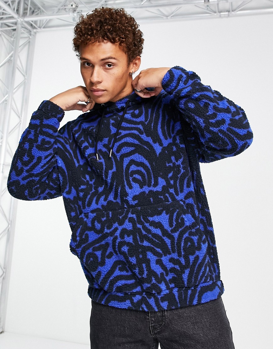 ASOS DESIGN oversized hoodie in blue borg with all over print