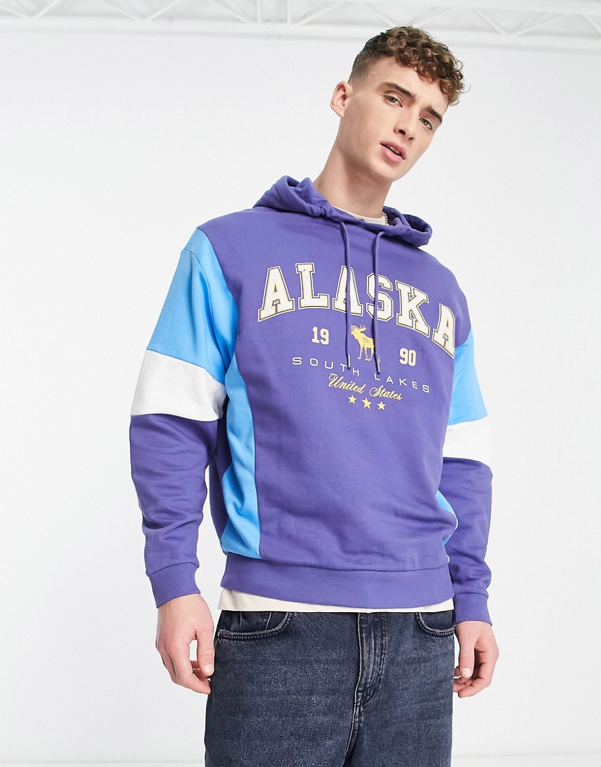 ASOS DESIGN oversized hoodie in blue & white colourblock with city print-Multi