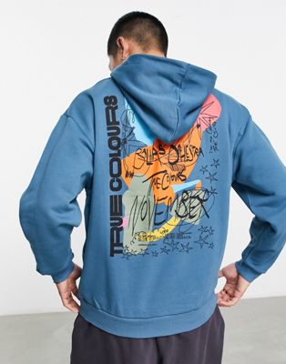 ASOS DESIGN oversized hoodie in blue with art back print and front puff print - ASOS Price Checker