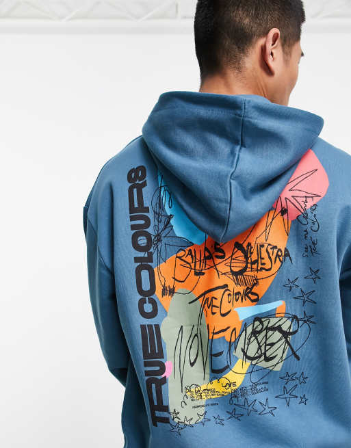 ASOS DESIGN oversized hoodie in blue with art back print and front puff print