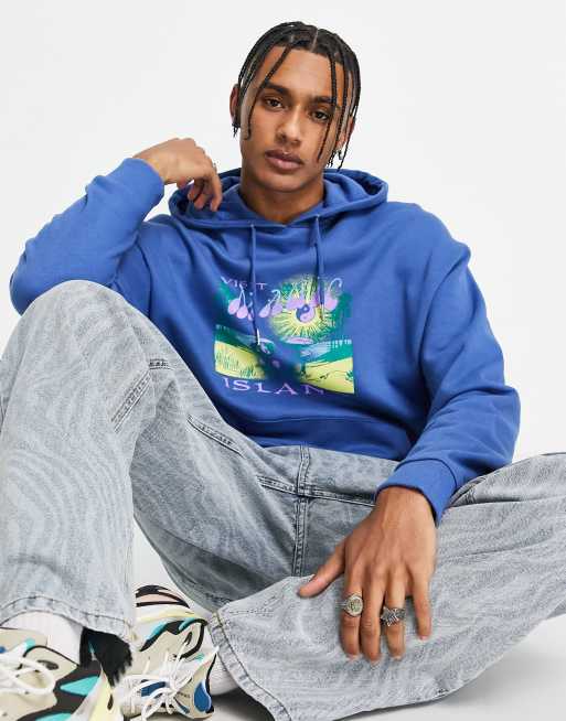 ASOS DESIGN oversized hoodie in blue with sunset front print | ASOS