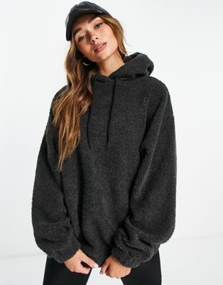 ASOS DESIGN oversized hoodie in borg fleece in charcoal | ASOS