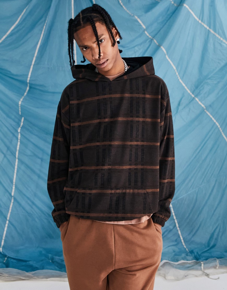ASOS DESIGN oversized hoodie in brown check brushed texture-Multi