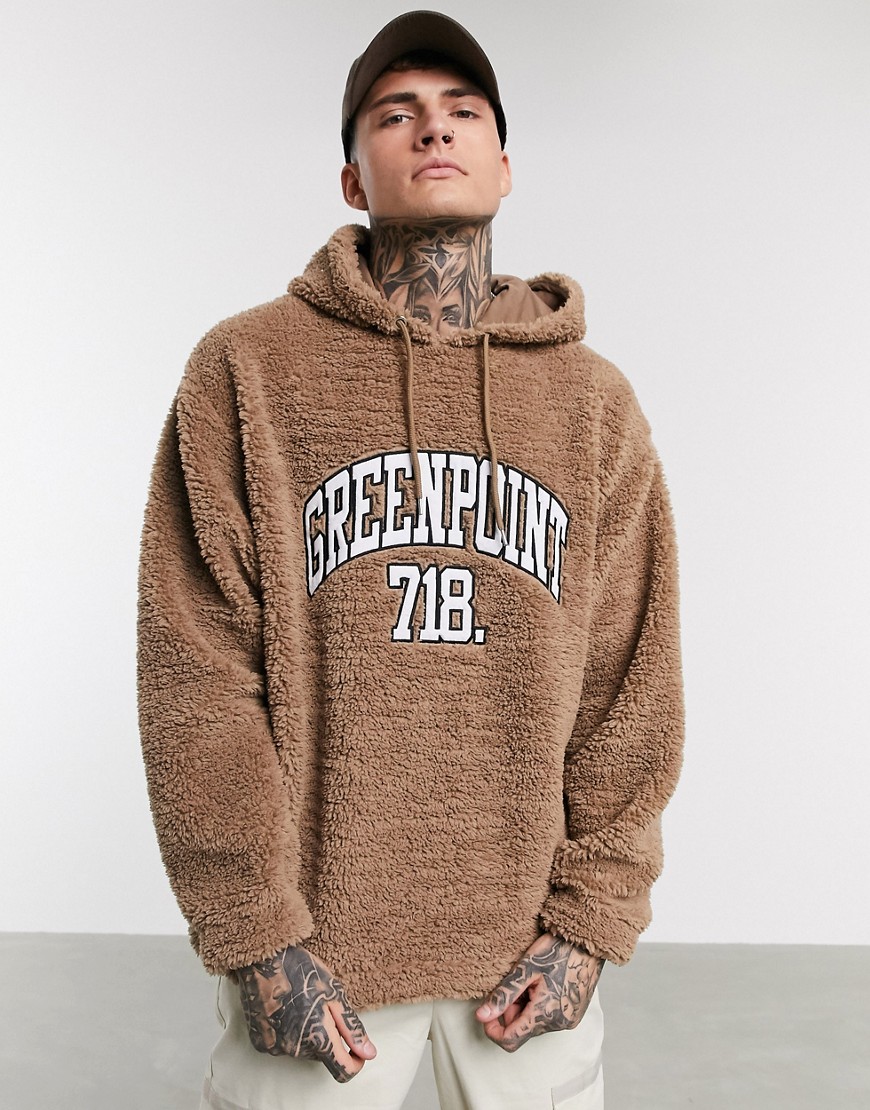 ASOS DESIGN oversized hoodie in brown teddy borg with embroidery