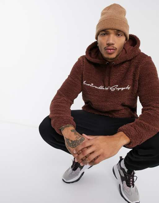 ASOS DESIGN oversized hoodie in brown teddy borg with text print