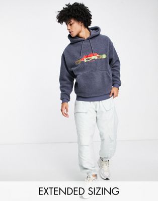 ASOS DESIGN oversized hoodie in charcoal borg with city embroidery