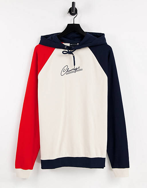 ASOS DESIGN oversized hoodie in collegiate colour block with champs print