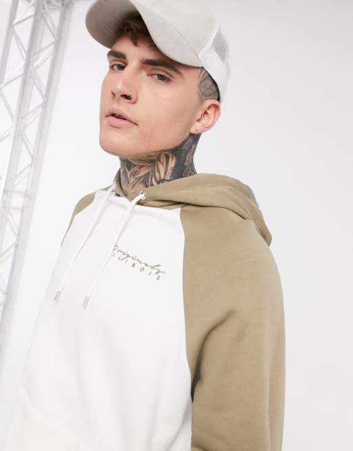 ASOS DESIGN oversized hoodie in cream with beige contrast raglan sleeves chest embroidery