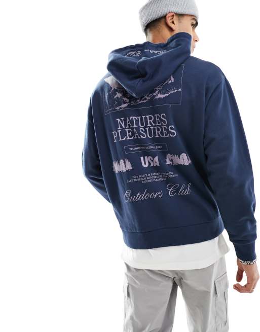 ASOS DESIGN oversized hoodie in dark blue with outdoors back print & hood  embroidery