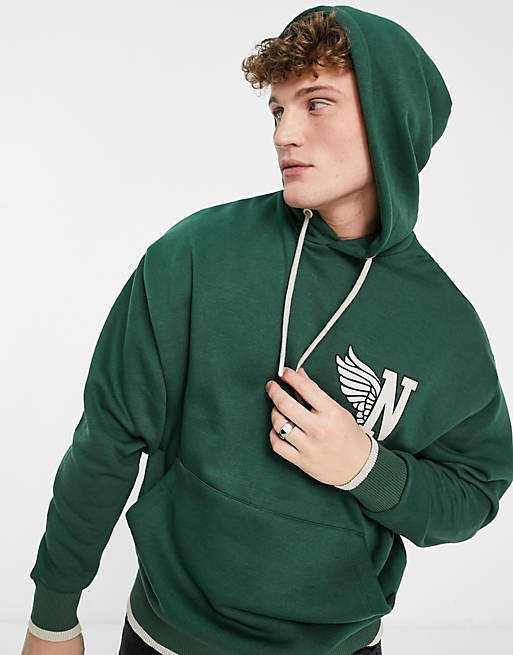 ASOS DESIGN oversized hoodie in dark green with vintage varsity logo ...