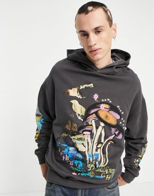 ASOS DESIGN oversized hoodie in dark grey with outdoors prints