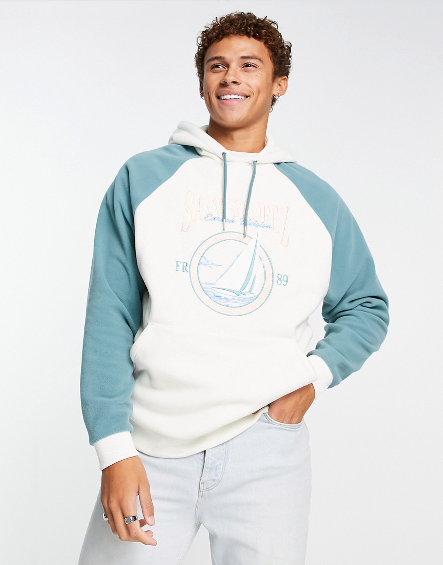 ASOS DESIGN oversized hoodie in gray and green polar fleece with city embroidery-Multi