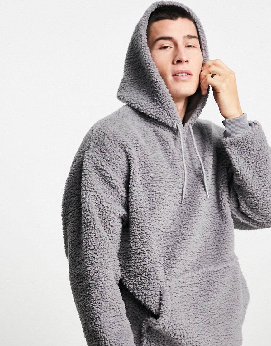 ASOS DESIGN oversized hoodie in gray teddy borg-Grey