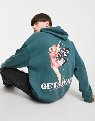 ASOS DESIGN oversized hoodie in green acid wash with fairy back print