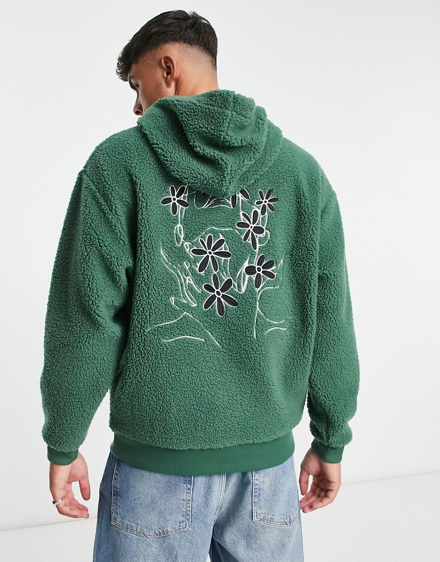 ASOS DESIGN oversized hoodie in green borg with back line drawing embroidery