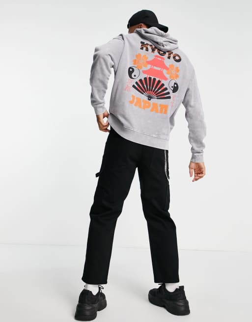 ASOS DESIGN oversized hoodie in grey acid wash with Kyoto back print, 4 of 4