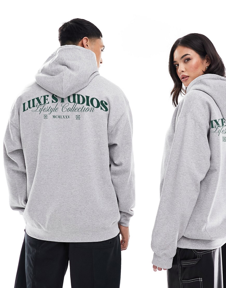 ASOS DESIGN oversized hoodie in grey with front and back text print