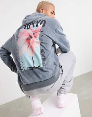 ASOS DESIGN oversized hoodie in heavy acid wash with Tokyo flower back print