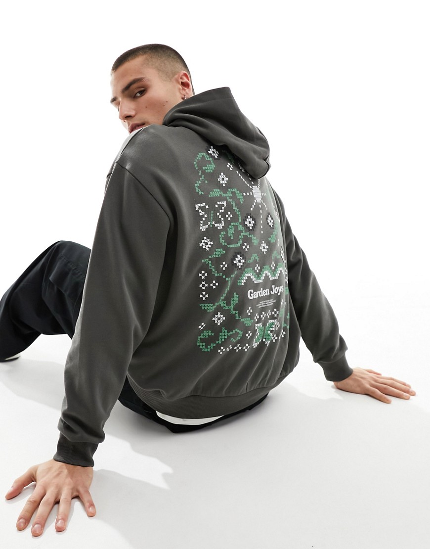 ASOS DESIGN oversized hoodie in khaki with floral back print-Green
