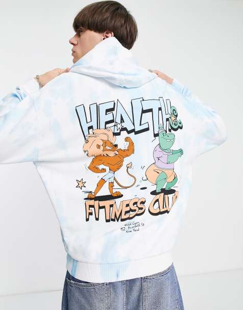 ASOS DESIGN oversized hoodie in light blue tie dye with cartoon fitness print - view 1