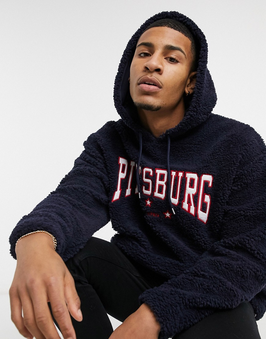 ASOS DESIGN oversized hoodie in navy teddy with Pittsburg collegiate chest embroidery