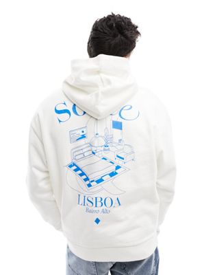 Asos Design Oversized Hoodie In Off White With City Print And Large Back Print