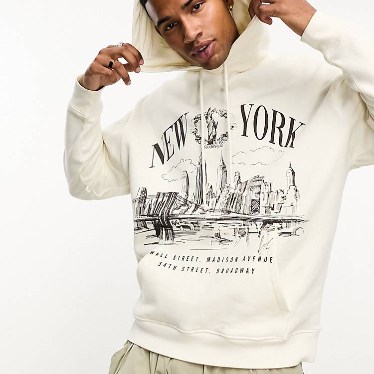 ASOS DESIGN oversized hoodie in off white with New York city skyline print  | ASOS