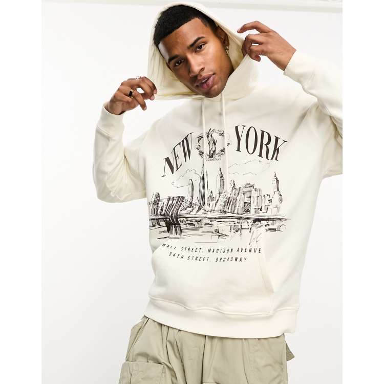 ASOS DESIGN oversized hoodie in off white with New York city skyline print  | ASOS