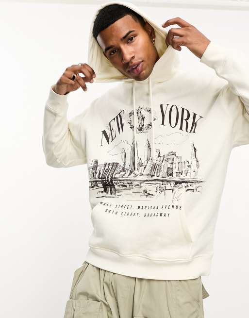 ASOS DESIGN oversized hoodie in off white with New York city skyline print