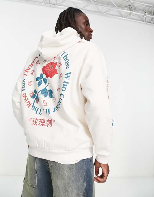 DESIGN oversized hoodie in off white with rose back and sleeve print ASOS