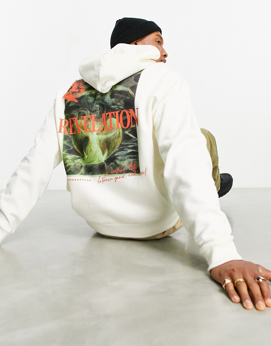 ASOS DESIGN oversized hoodie in off white with text front and art back print