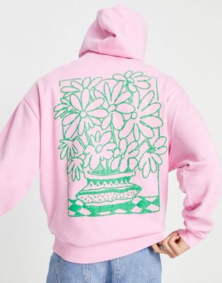 ASOS DESIGN oversized hoodie in pink with floral line drawing back print