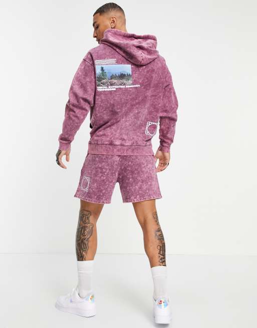 ASOS DESIGN oversized hoodie in purple acid wash with photographic