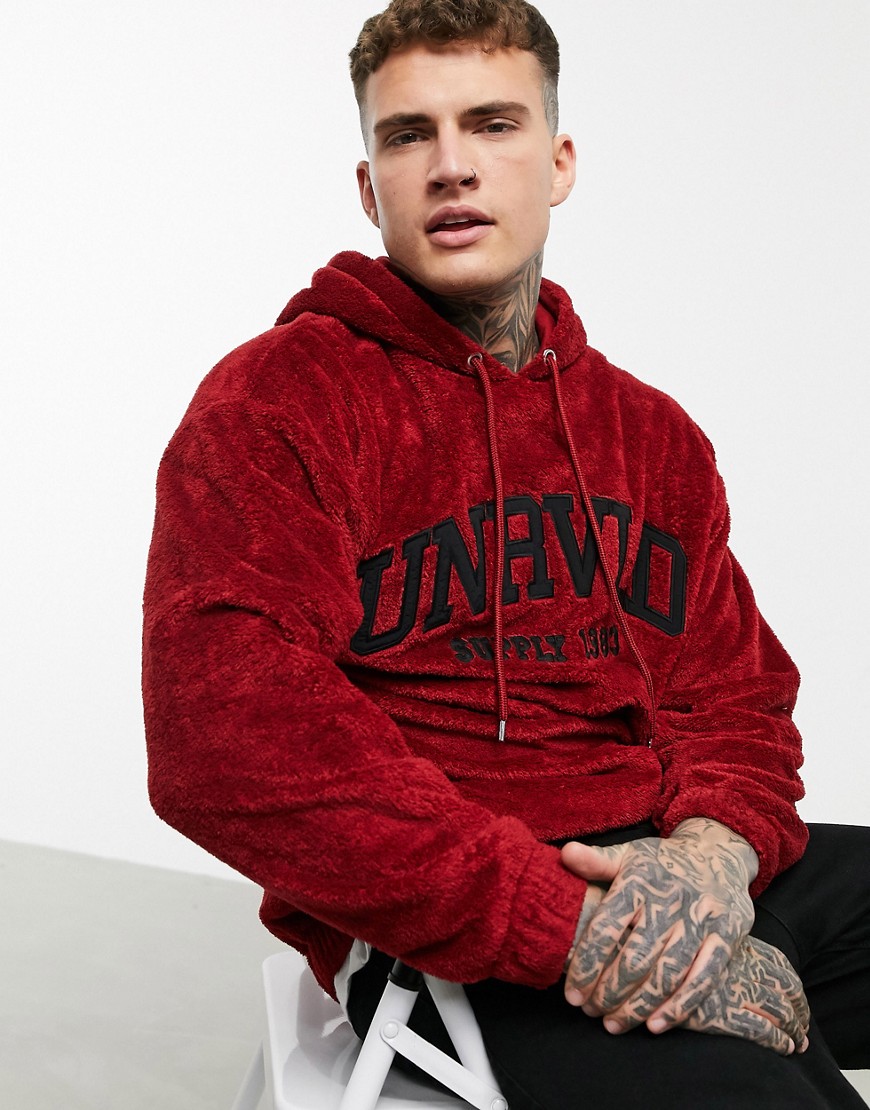 ASOS DESIGN oversized hoodie in super soft teddy fleece with unrvlld embroidery-Red