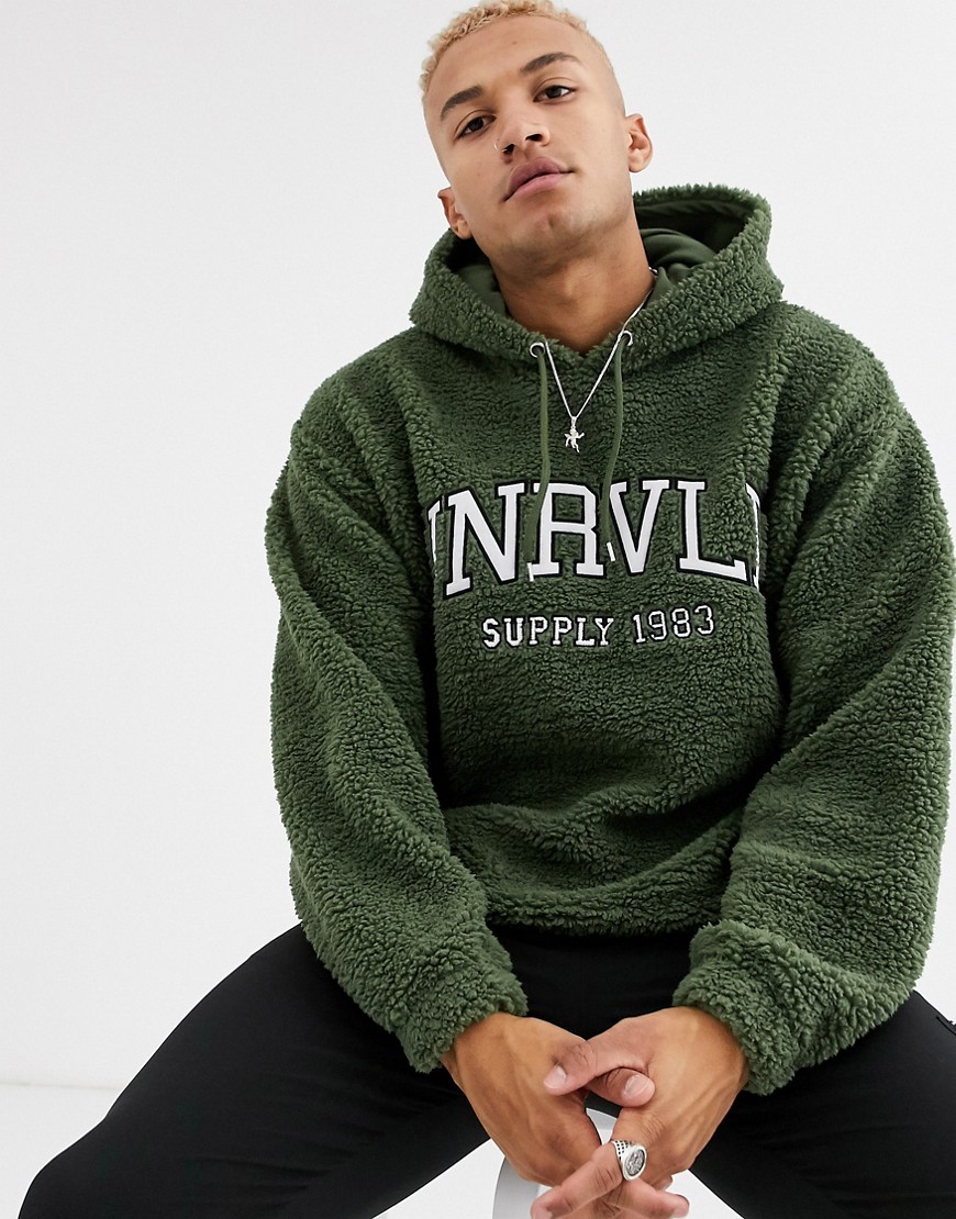 ASOS DESIGN oversized hoodie in teddy borg with varsity style embroidery in green