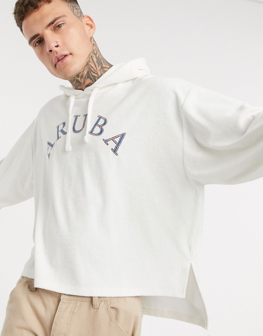 ASOS DESIGN oversized hoodie in towelling with aruba embroidery and split hem-White