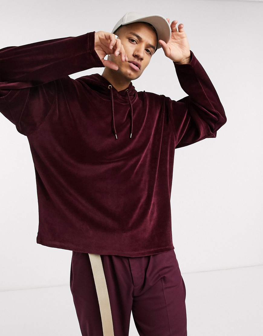 ASOS DESIGN oversized hoodie in velour with double layer sleeves in burgundy-Red
