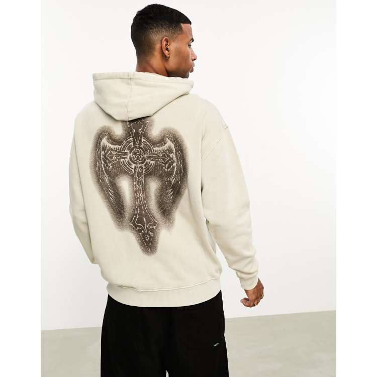 ASOS DESIGN oversized hoodie in washed beige with grunge back