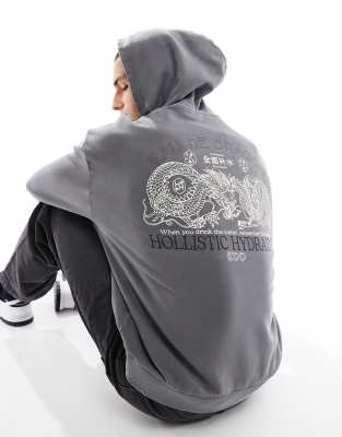 Asos Design Oversized Hoodie In Washed Charcoal Gray With Dragon Back Print In Gray