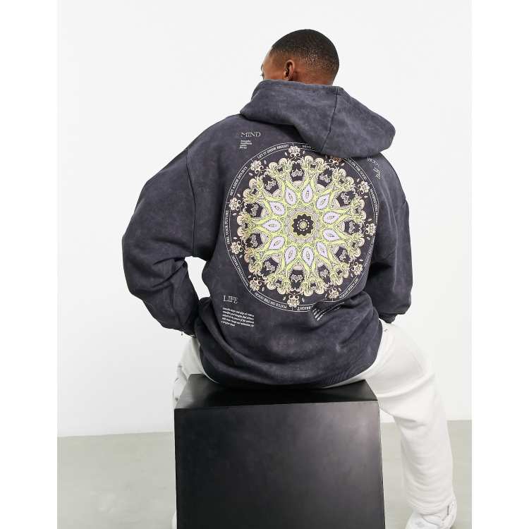 ASOS DESIGN oversized hoodie in washed charcoal with tapestry front u0026 back  print | ASOS