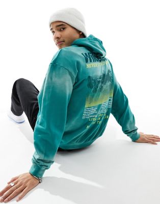 Asos Design Oversized Hoodie In Washed Green With Outdoors Back Print