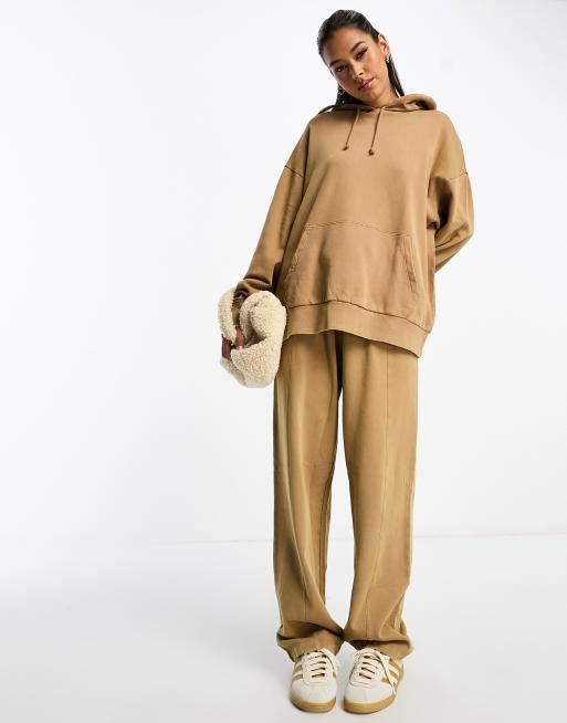 Beige Oversized Wide Leg Washed Sweatpants