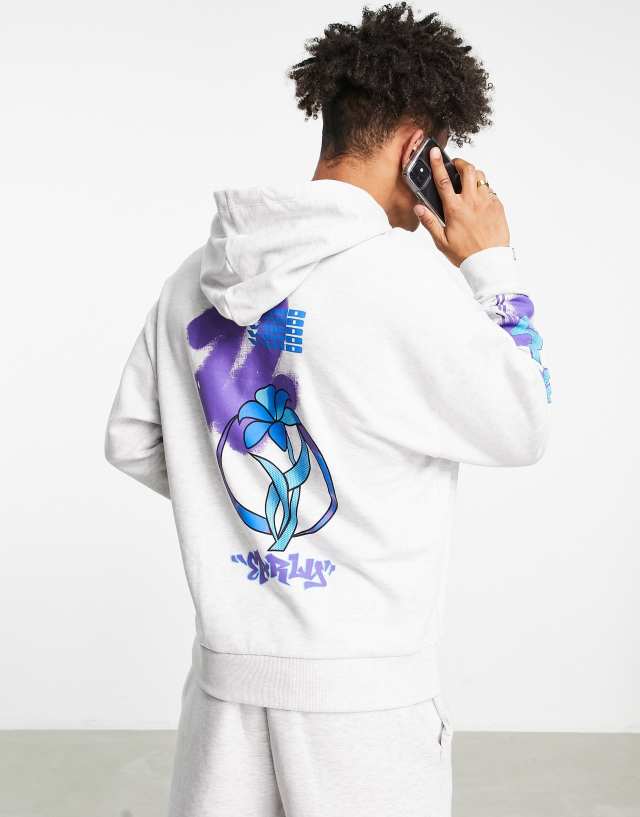 ASOS DESIGN oversized hoodie in white heather with graffiti back and sleeve print