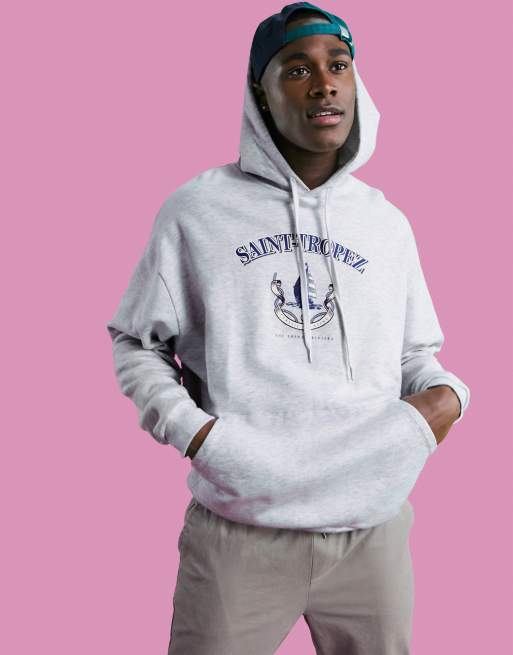 ASOS DESIGN oversized hoodie in white marl with Saint Tropez print - WHITE  - WHITE | ASOS