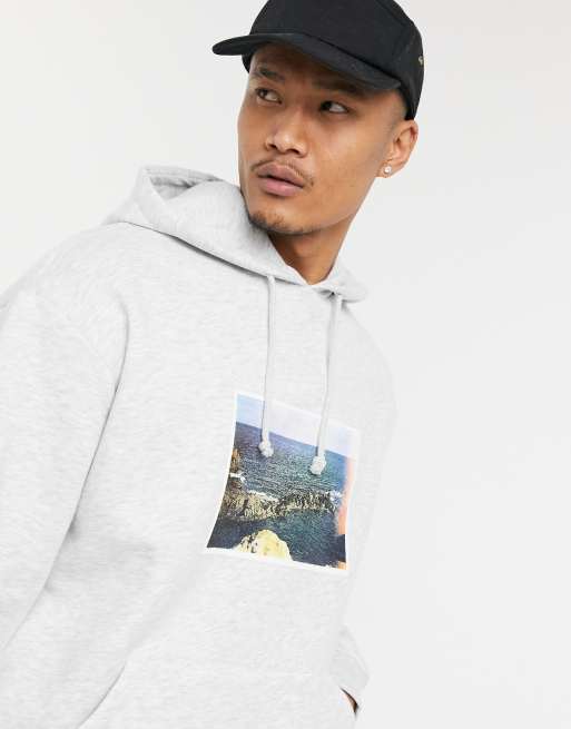 ASOS DESIGN oversized hoodie in white with photographic scenery