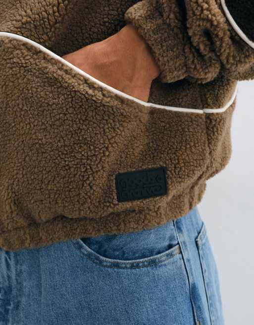 ASOS DESIGN oversized hoodie met borg, rits en cut-and-sew-panelen met bies in bruin, 3 van 5