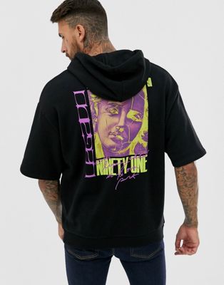 ASOS DESIGN - Oversized hoodie met fotoprint en korte mouwen in zwart