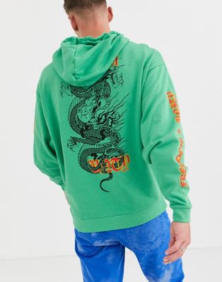 ASOS DESIGN - Oversized hoodie met gotische drakenprint op de achterkant en mouwen in felgroen