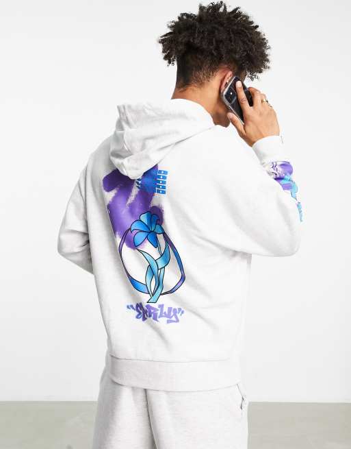 ASOS DESIGN - Oversized hoodie met graffitiprint op de achterkant en mouwprint in gemêleerd wit