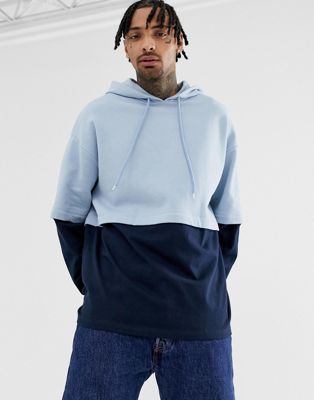 ASOS DESIGN - Oversized hoodie met mouwen en zomen met dubbele laag in blauw